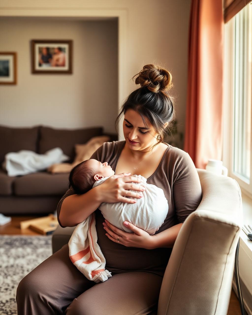 A new mother in the early postpartum weeks holding her newborn in a lived-in living room
